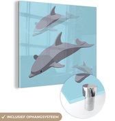MuchoWow® Glasschilderij 90x90 cm - Schilderij acrylglas - Dolfijnen - Water - Blauw - Foto op glas - Schilderijen