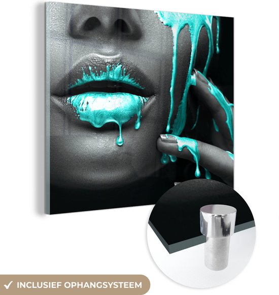 MuchoWow® Glasschilderij 50x50 cm - Schilderij acrylglas - Lippen - Blauw - Zwart - Foto op glas - Schilderijen