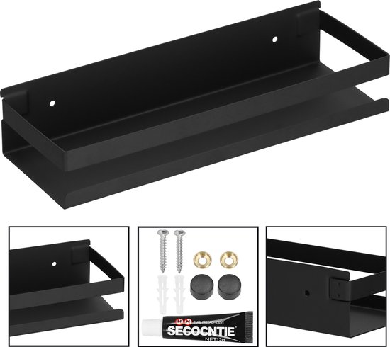 Zwarte metalen doucheplank met dubbele rand en bijbehorende installatie-accessoires.