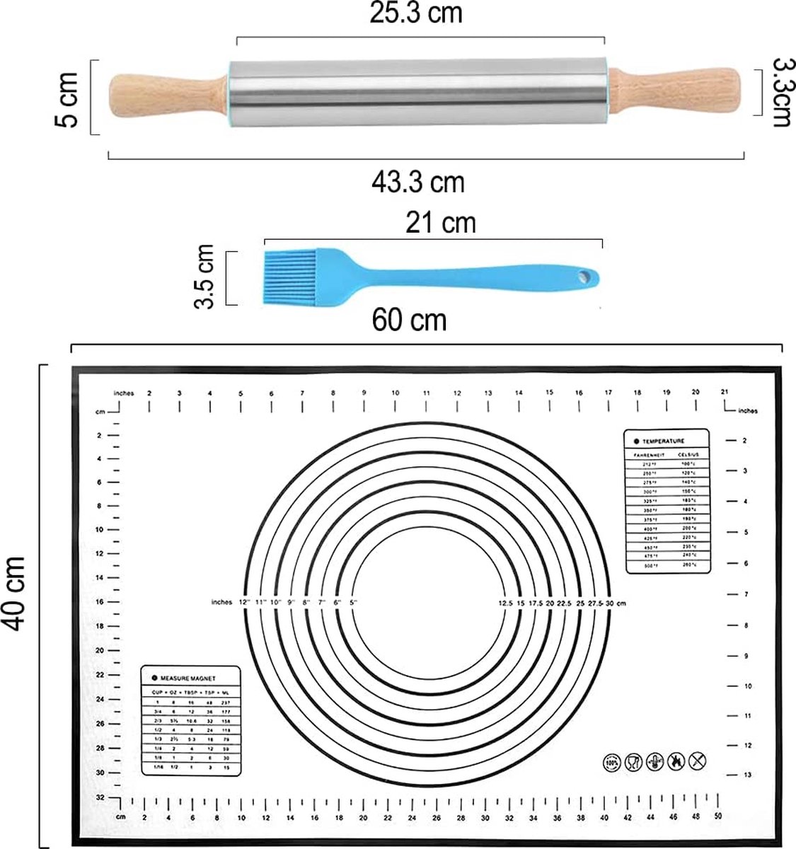 Roestvrijstalen deegroller, deegroller met houten handvatten en  siliconenmat met