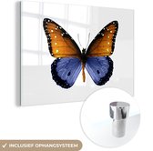 MuchoWow® Glasschilderij 30x20 cm - Schilderij acrylglas - Vlinder - Stippen - Blauw - Foto op glas - Schilderijen