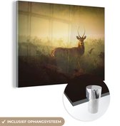 MuchoWow® Glasschilderij 160x120 cm - Schilderij acrylglas - Hert - Weide - Dier - Foto op glas - Schilderijen