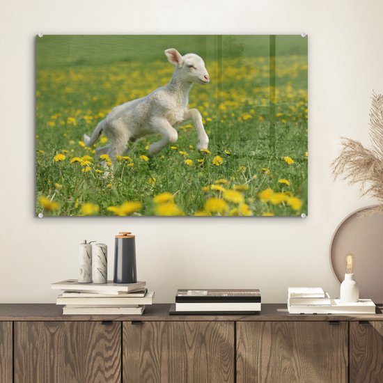 MuchoWow® Peinture sur verre 60x40 cm - Peinture sur verre acrylique - Moutons - Fleurs - Jaune - Photo sur verre - Peintures