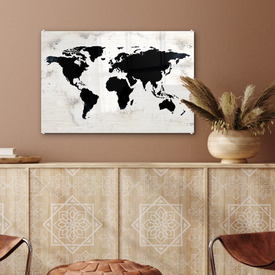 Peinture sur Verre - Carte du Wereldkaart - Zwart - Bois - 60x40 cm - Peintures sur Verre Peintures - Photo sur Glas