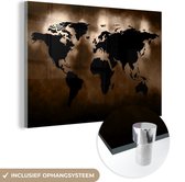 MuchoWow® Glasschilderij 120x80 cm - Schilderij glas - Wereldkaart - Zwart - Bruin - Foto op acrylglas - Schilderijen