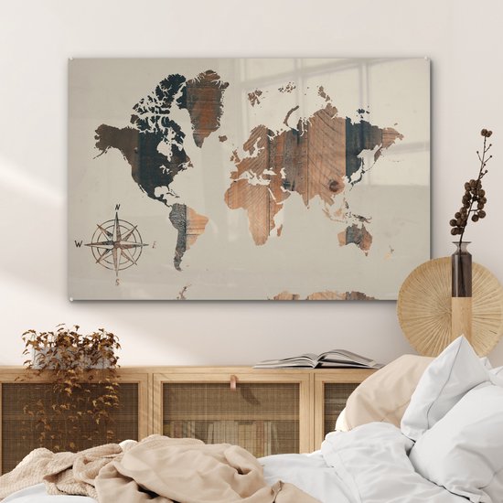 Peinture sur Verre - Carte du Wereldkaart - Planche de Bois - Rose des Vents - 120x80 cm - Peintures sur Verre Peintures - Photo sur Glas