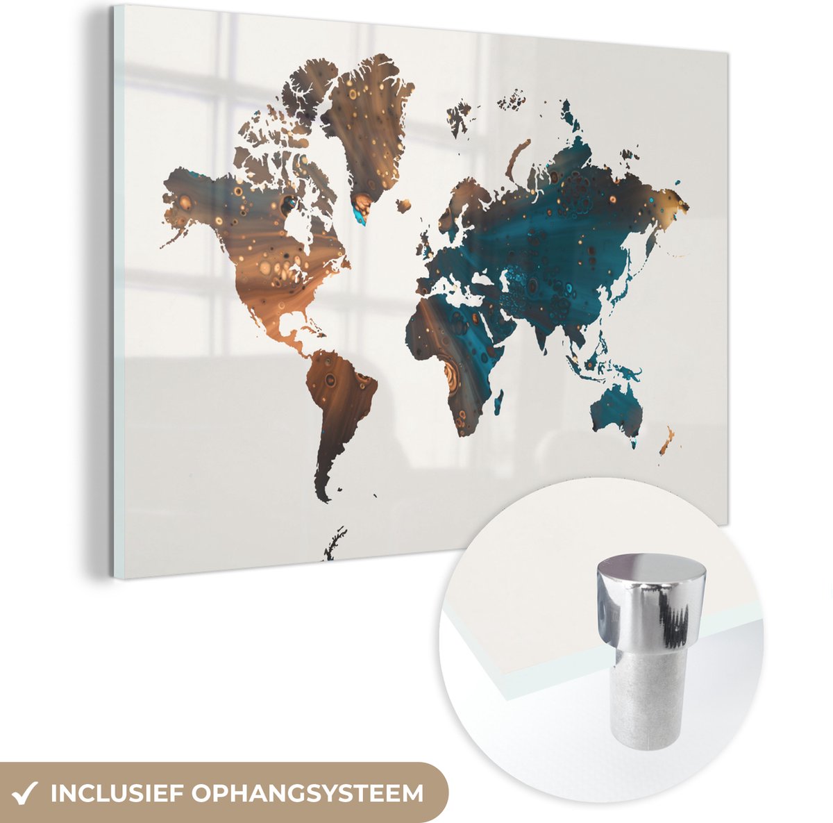 ® Glasschilderij 120x80 cm - Schilderij acrylglas - Wereldkaart - Blauw - Verf - Foto op glas - Muurdecoratie woonkamer - Wanddecoratie slaapkamer - Schilderijen