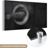 MuchoWow® Glasschilderij 80x40 cm - Schilderij acrylglas - Een zwart wit foto van een vijzel - Foto op glas - Schilderijen