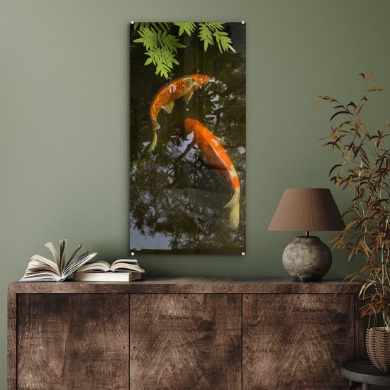 Peinture sur verre - Deux carpes koï autour d'un étang - 40x80 cm - Peintures Plexiglas
