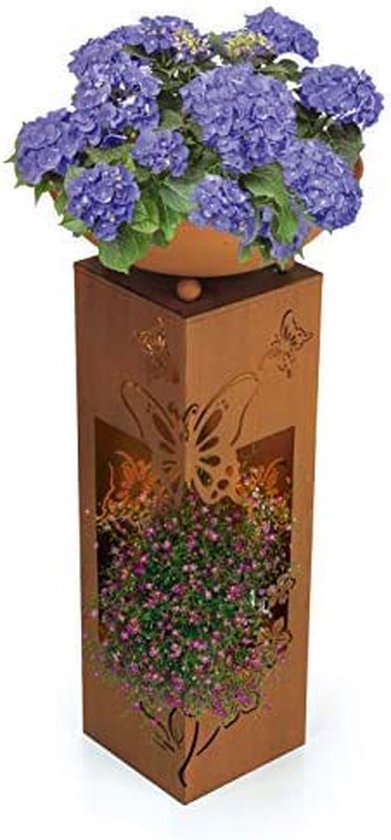Hoberg Roest led-plantenzuil - bloempot - 3D vlinderdesign, afneembare plantenschaal (Ø 34 cm), geschikt voor binnen en buiten, geïntegreerde verlichting, 6h timer, draadloos, 19 x 19 x 72 cm