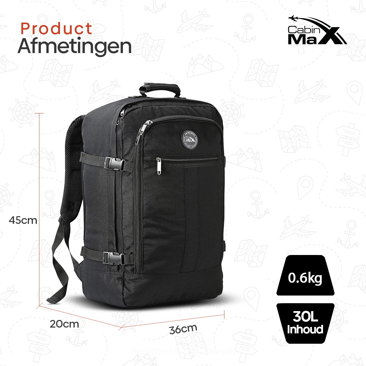Cabin Max Metz 30L handbagage - 45x36x20 cm 30 liter Easyjet - weekendtas - rugzak met grote inhoud (Zwart