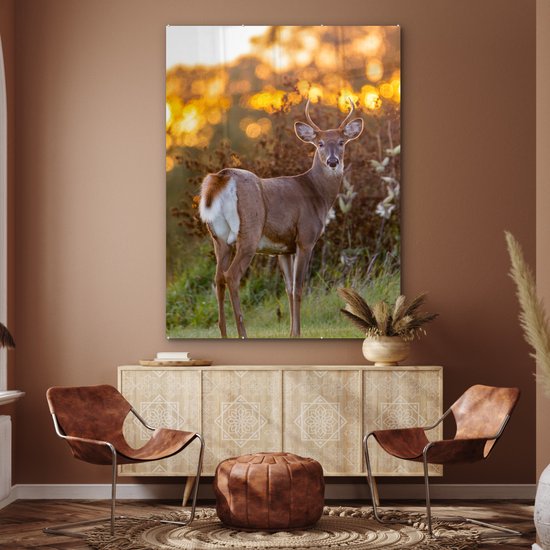 Peinture sur verre - Verre acrylique - Cerf - Bruyère - Nature - Coucher de soleil - Peinture sur verre - Photo sur verre - Décoration murale - 120x160 cm - Peinture sur verre animaux - Décoration murale