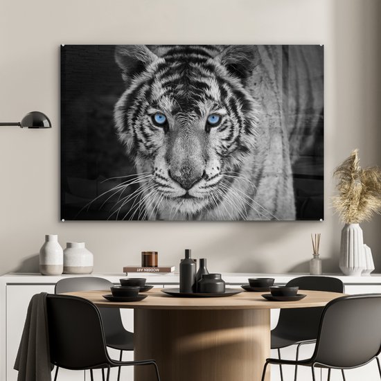 Glasschilderij - Foto op glas - Acrylglas - Dieren - Tijger - Ogen - Blauw - 120x80 cm - Glasschilderij tijger - Glasschilderij zwart wit - Muurdecoratie glas - Wanddecoratie dieren