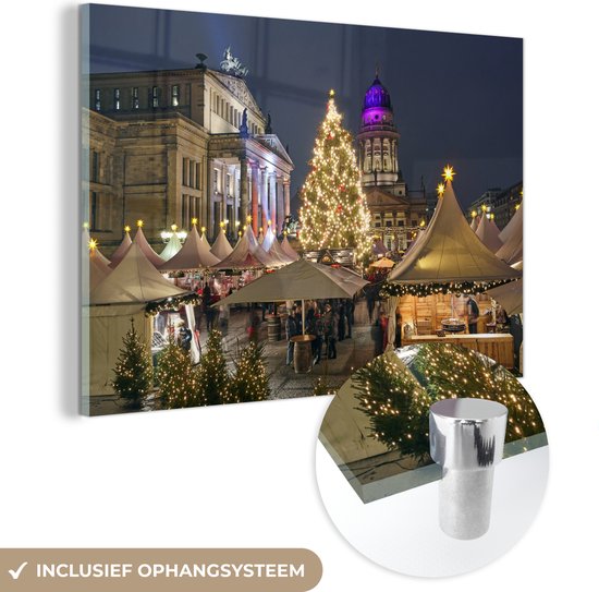 MuchoWow® Glasschilderij 90x60 cm - Schilderij acrylglas - Berlijn - Kerstmarkt - Duitsland - Foto op glas - Schilderijen