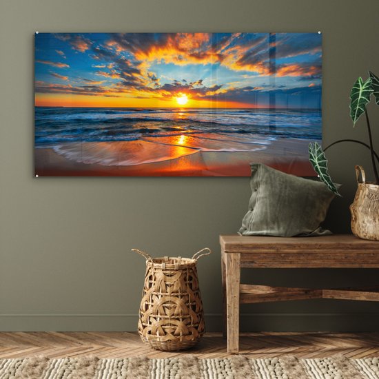 Tableau sur Verres - Tableau sur verre - Coucher de soleil - Horizon - Mer - Nuages - Décoration murale - Tableau mer - Photo sur verre - Verre acrylique - 120x60 cm - Décoration murale