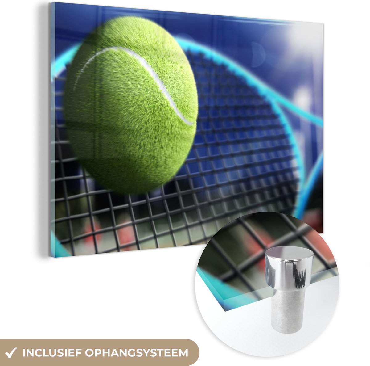 ® Glasschilderij 120x80 cm - Schilderij acrylglas - Tennisracket slaat de bal - Foto op glas - Muurdecoratie woonkamer - Wanddecoratie slaapkamer - Schilderijen