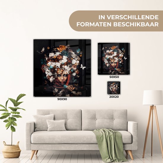 Peinture sur Verre - Fleurs - Papillon - Femmes - Foulard - 90x90 cm - Peintures sur Verre Peintures - Photo sur Glas