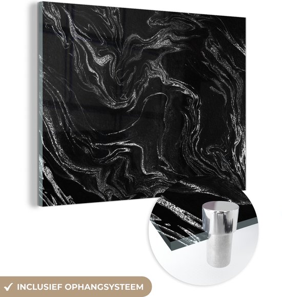 MuchoWow® Peinture sur verre 40x30 cm - Peinture sur verre acrylique - Marbre - Zwart - Luxe - Argent - Photo sur verre - Peintures
