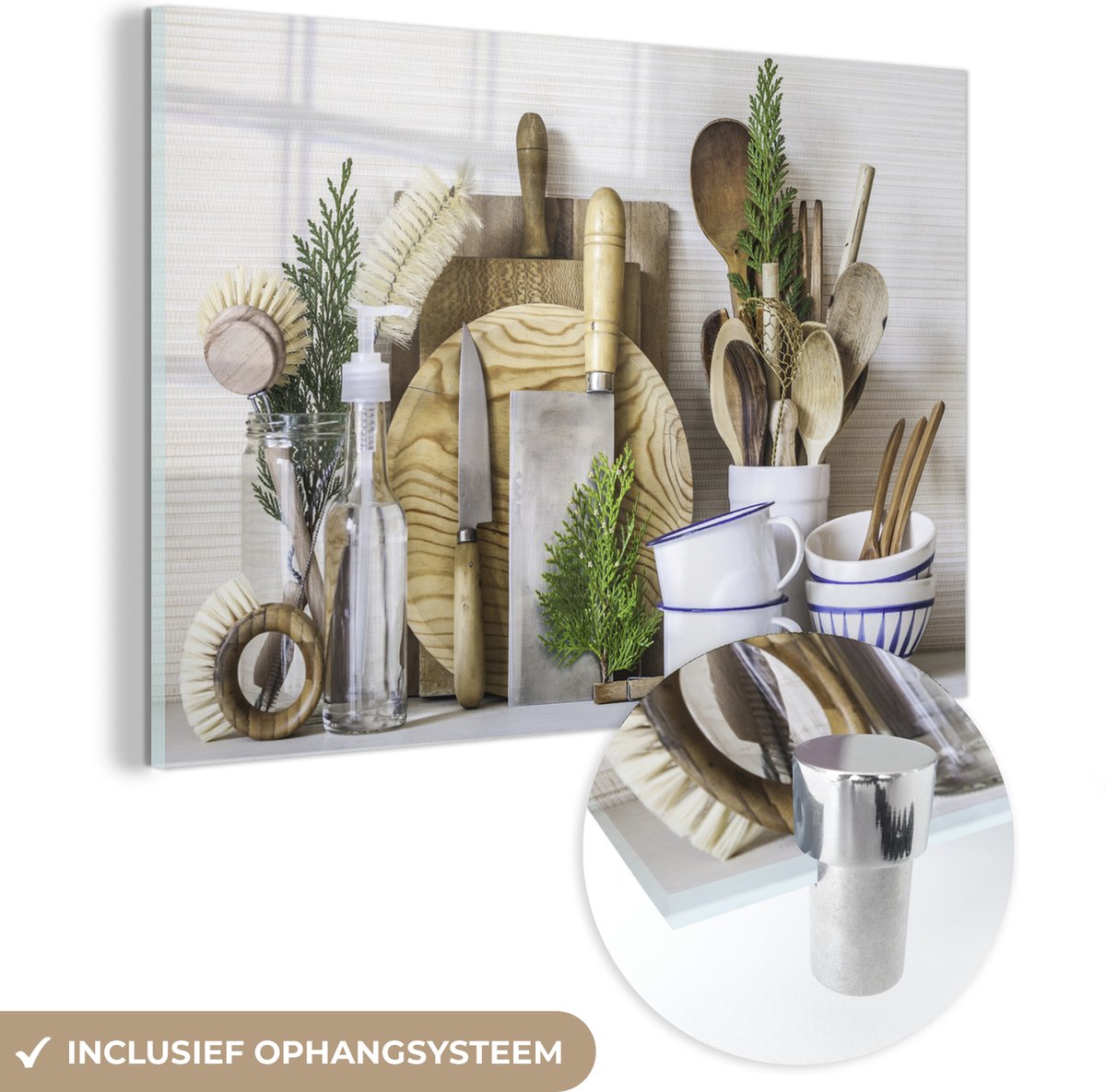 MuchoWow® Glasschilderij 120x80 cm - Schilderij acrylglas - Keuken - Kookgerei - Bestek -