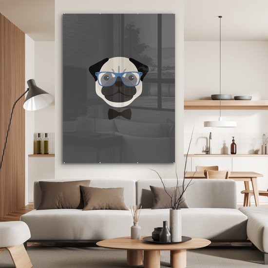 MuchoWow® Glasschilderij 120x160 cm - Schilderij acrylglas - Geïllustreerd portret van een mopshond - Foto op glas - Schilderijen