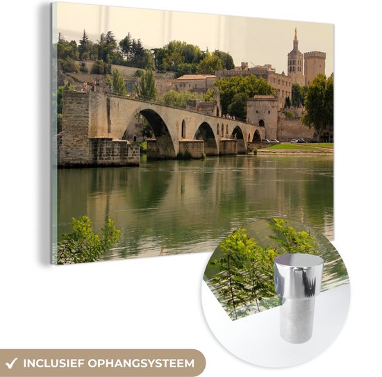 MuchoWow® Glasschilderij 60x40 cm - Schilderij acrylglas - Pont d'Avignon met brug bij het water, Avignon, Frankrijk - Foto op glas - Schilderijen