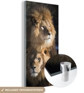 MuchoWow® Glasschilderij 60x120 cm - Schilderij acrylglas - Leeuwen - Jagen - Wilde dieren - Foto op glas - Schilderijen
