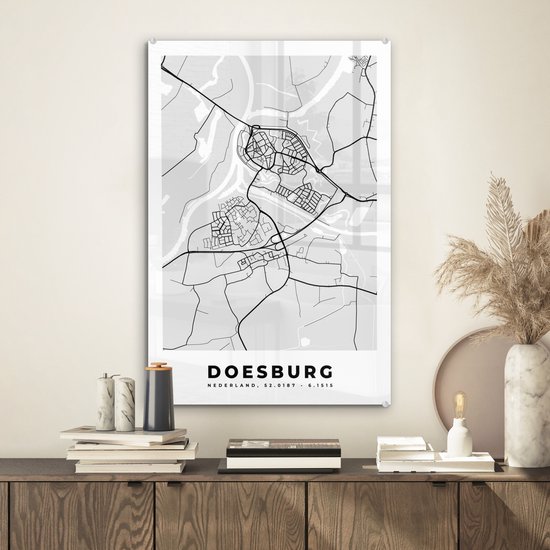 MuchoWow® Peinture sur verre 40x60 cm - Peinture sur verre acrylique - Doesburg - Nederland - Carte - Plan d'étage - Plan de la ville - Zwart et Wit - Photo sur verre - Peintures