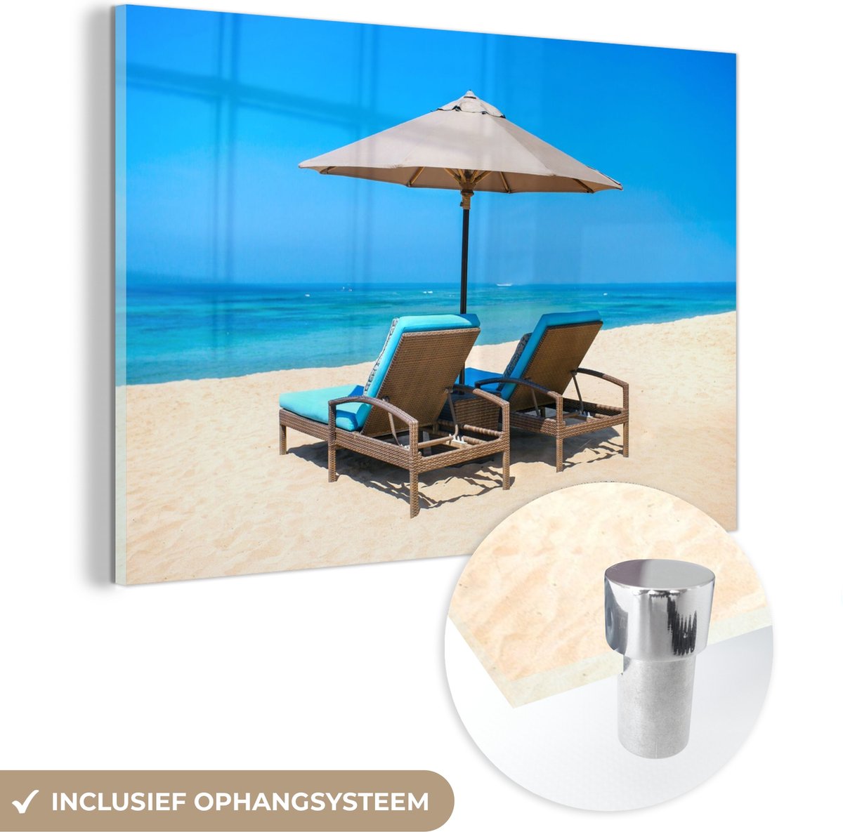 MuchoWow® Glasschilderij 120x80 cm - Schilderij acrylglas - Strandstoel - Parasol - Zomer - Zee - Foto op glas - Schilderijen