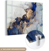 MuchoWow® Glasschilderij 40x30 cm - Schilderij acrylglas - Marmer - Blauw - Goud - Foto op glas - Schilderijen
