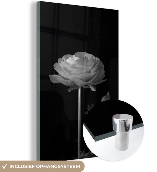 MuchoWow® Glasschilderij 60x90 cm - Schilderij acrylglas - Zwart-witte close-up van een boterbloem - Foto op glas - Schilderijen