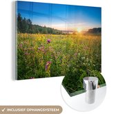 MuchoWow® Glasschilderij 150x100 cm - Schilderij acrylglas - Zon - Gras - Bloemen - Foto op glas - Schilderijen