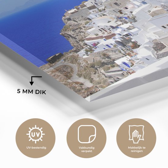 Drapeau de la Grèce entre les maisons blanches Plexiglas 120x80 cm - Tirage photo sur Glas (décoration murale en plexiglas)