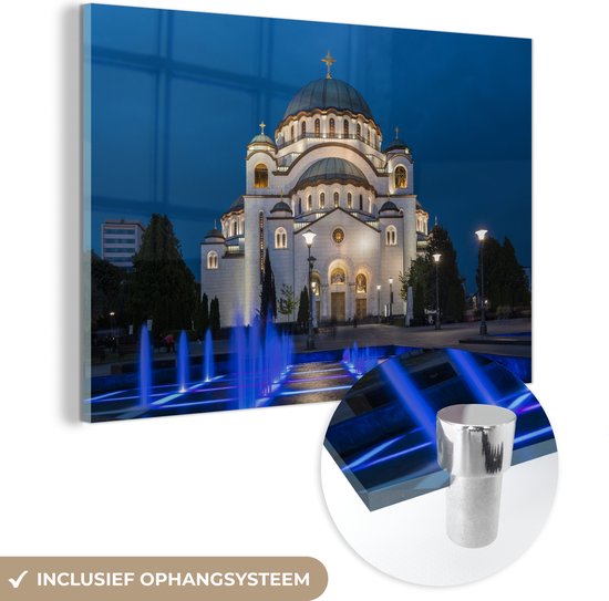MuchoWow® Glasschilderij 90x60 cm - Schilderij acrylglas - De kathedraal van Saint Sava in de avond in Belgrado - Foto op glas - Schilderijen