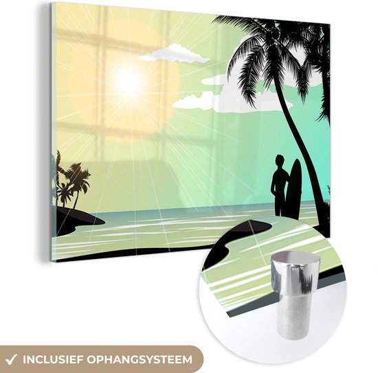 MuchoWow® Glasschilderij 30x20 cm - Schilderij acrylglas - Zee - Surfen - Zon - Palmboom - Foto op glas - Schilderijen