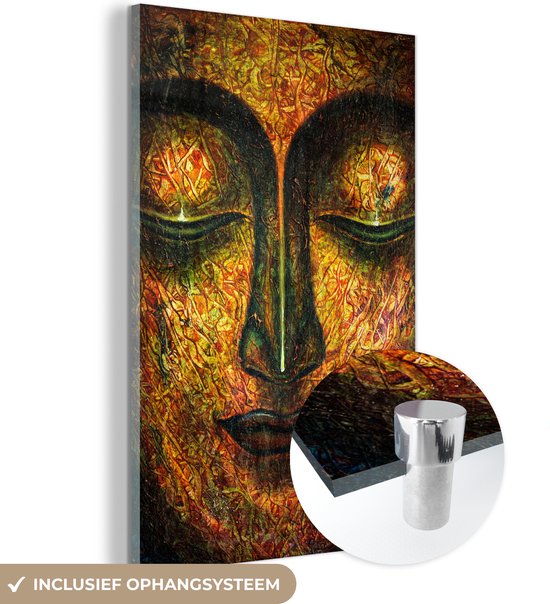 MuchoWow® Peinture sur Verre - Bouddha - Visage - Oranje - 100x150 cm - Peintures sur Verre Peintures - Photo sur Glas