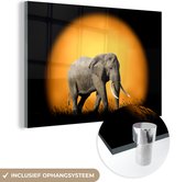 MuchoWow® Glasschilderij 60x40 cm - Schilderij acrylglas - Olifant - Zon - Gras - Foto op glas - Schilderijen