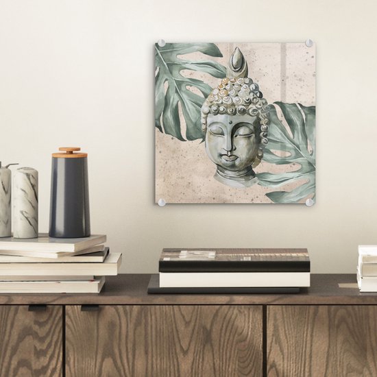 MuchoWow® Peinture sur verre 20x20 cm - Peinture sur verre acrylique - Bouddha - Tête - Feuilles - Photo sur verre - Peintures
