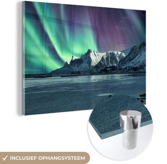 MuchoWow® Glasschilderij 180x120 cm - Schilderij acrylglas - Noorderlicht - Sneeuw - Noorwegen - Foto op glas - Schilderijen