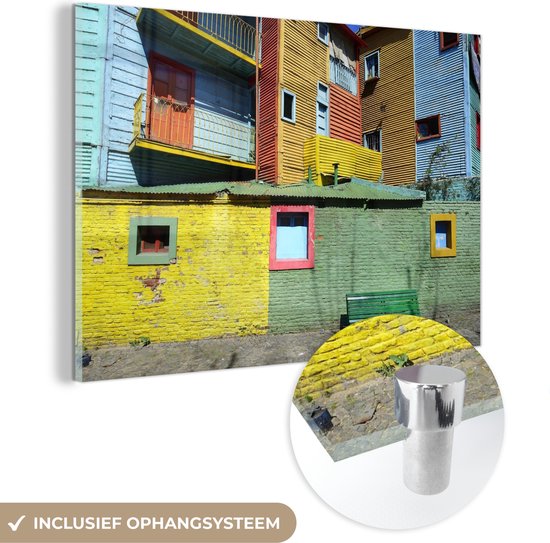 MuchoWow® Glasschilderij 60x40 cm - Schilderij acrylglas - Kleurrijke geschilderde huizen gemaakt van een golfplaat ijzer in la Boca - Foto op glas - Schilderijen