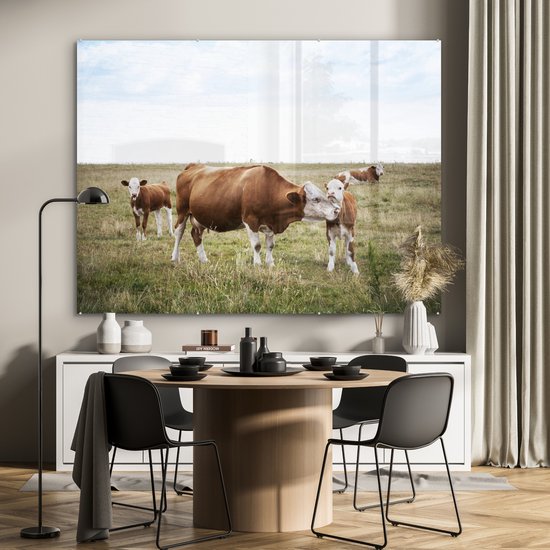 MuchoWow® Peinture sur verre 160x120 cm - Peinture sur verre acrylique - Vache - Veau - Herbe - Photo sur verre - Peintures