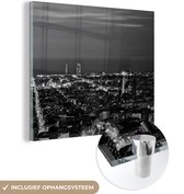 MuchoWow® Glasschilderij 90x90 cm - Schilderij acrylglas - Spanje - Barcelona - Skyline - Zwart - Wit - Foto op glas - Schilderijen