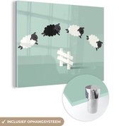 MuchoWow® Glasschilderij 120x90 cm - Schilderij acrylglas - Schapen - Illustratie - Hek - Foto op glas - Schilderijen