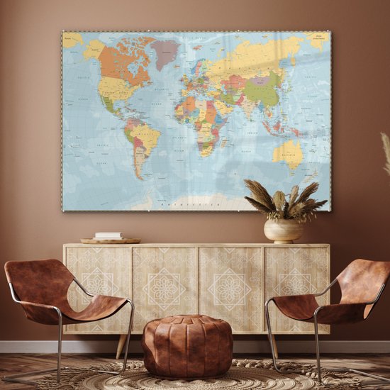 Peinture sur Verre - Carte du Wereldkaart - Couleurs - Atlas - 150x100 cm - Peintures sur Verre Peintures - Photo sur Glas