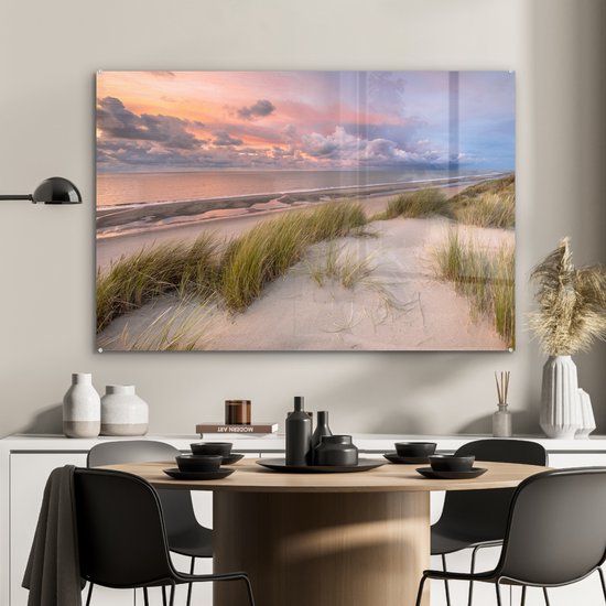 Peinture sur verre - Plage - Mer - Dune - Nederland - Rose - 120x80 cm - Peintures en plexiglas