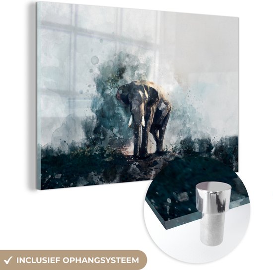 MuchoWow® Glasschilderij 30x20 cm - Schilderij acrylglas - Olifant - Waterverf - Blauw - Foto op glas - Schilderijen