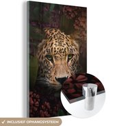 MuchoWow® Glasschilderij 60x90 cm - Schilderij acrylglas - Panter - Jungle - Planten - Bloemen - Foto op glas - Schilderijen