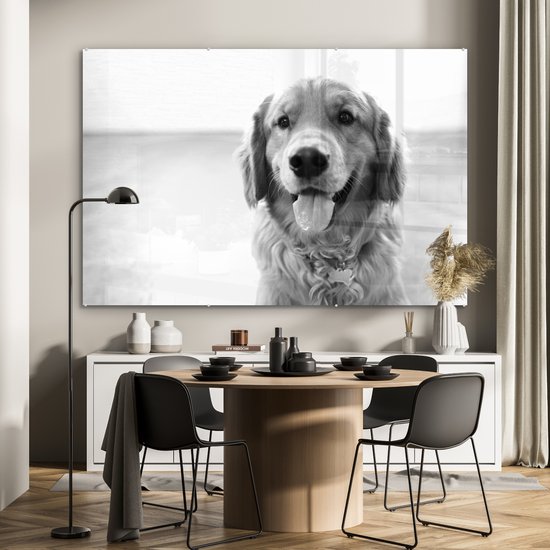 ® Glasschilderij 180x120 cm - Schilderij acrylglas - Portret van een super mooie Golden Retriever - Foto op glas - Muurdecoratie woonkamer - Wanddecoratie slaapkamer - Schilderijen