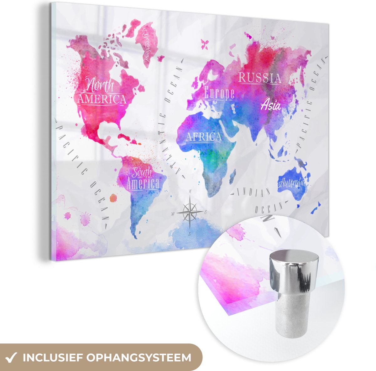 ® Glasschilderij 90x60 cm - Schilderij acrylglas - Kleuren - Wereldkaart - Olieverf - Foto op glas - Muurdecoratie woonkamer - Wanddecoratie slaapkamer - Schilderijen