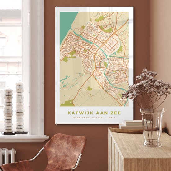 MuchoWow® Peinture sur verre 80x120 cm - Peinture sur verre acrylique - Carte - Katwijk aan Zee - Vintage - Photo sur verre - Peintures - Plan de la ville