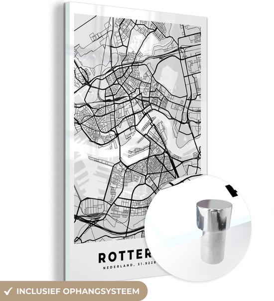 MuchoWow® Glasschilderij 40x60 cm - Schilderij acrylglas - Stadskaart - Rotterdam - Grijs - Wit - Foto op glas - Schilderijen - Plattegrond